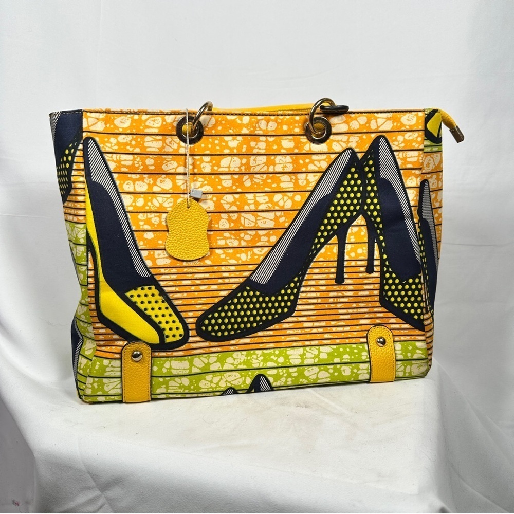 Halo & Way Ankara Wax Print Leather Tote Yellow Green Heels Bag Boho Retro Y2K - Picture 2 of 12